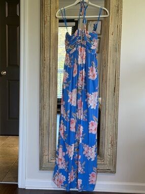 Blue Floral Maxi Dress with Pink Blossoms
